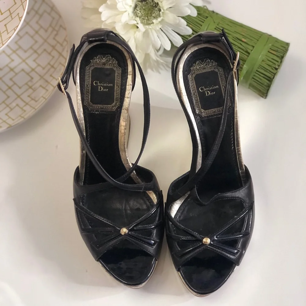 Dior Black Patent Leather Peep-Toe Wedge Sandals with Gold Stud